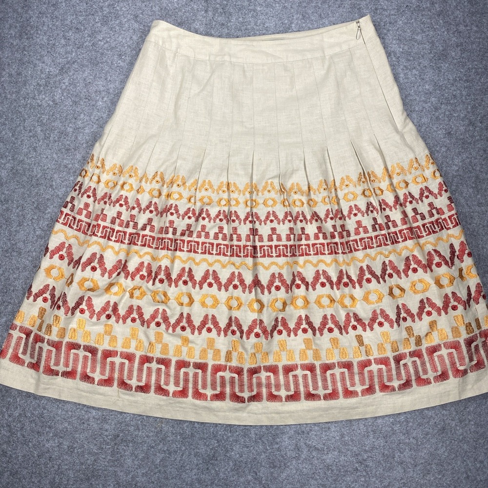 Peter Nygard Beige Orange Embroidered Linen Skirt Aztec Boho Southwest pleat 6~